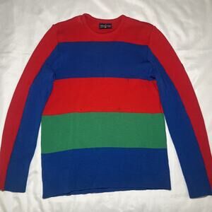 Vintage Demetre Men Ski Sweater Size L Wool Red Blue Heavy Base Layer **READ**